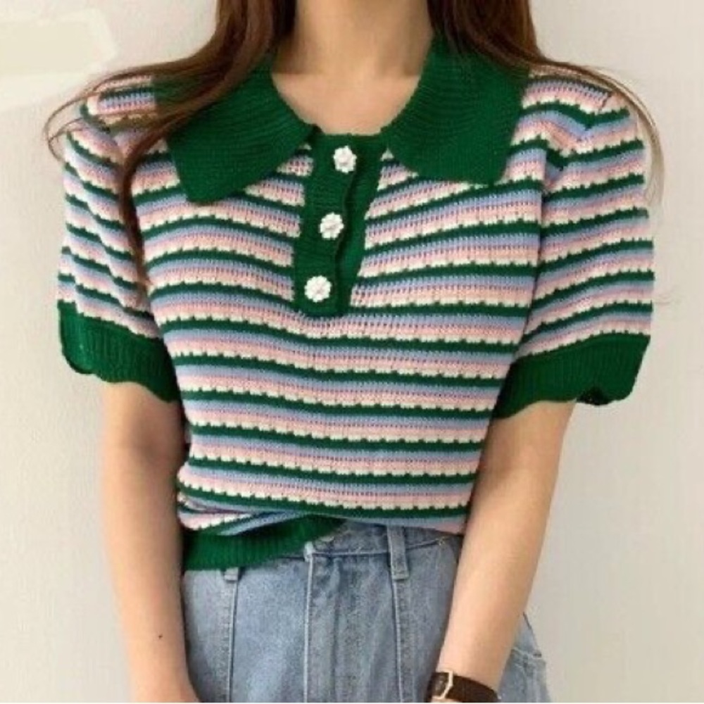 Zara striped flower button knit polo shirt size medium 9/10 cond.